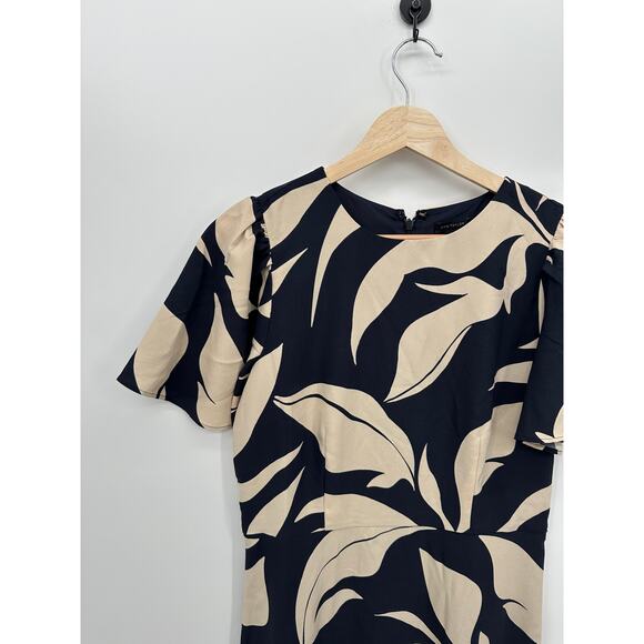 Ann Taylor Women Navy Blue Cream Leafed Midi Dress Size 2 Flare Office Career - Picture 4 of 7